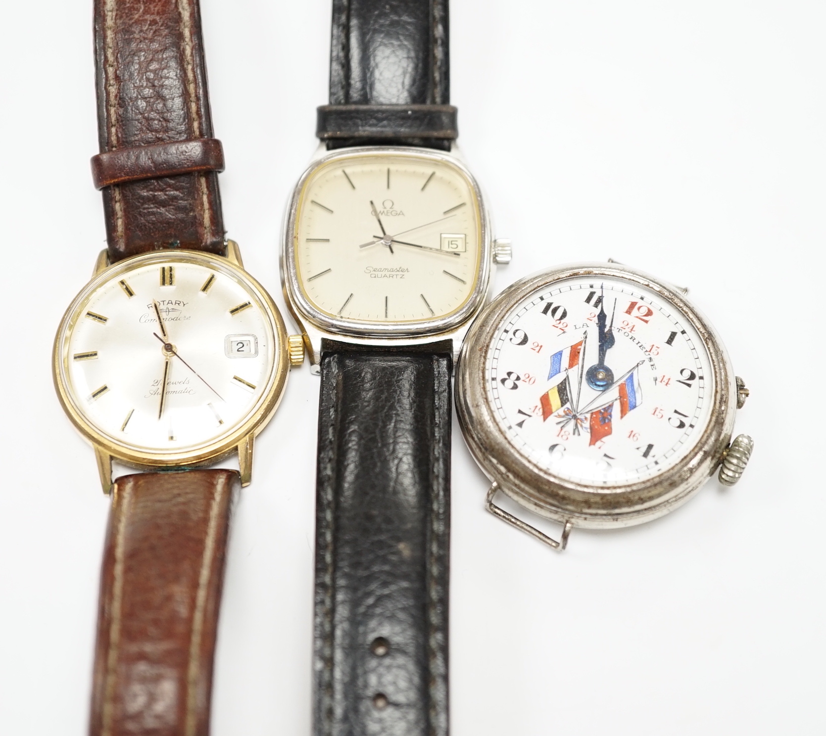 A gentleman's stainless steel Omega Seamaster quartz wrist watch, on associated leather strap, together with a gentleman's steel and gold plated Rotary Commodore automatic wrist watch and a French? wrist watch.